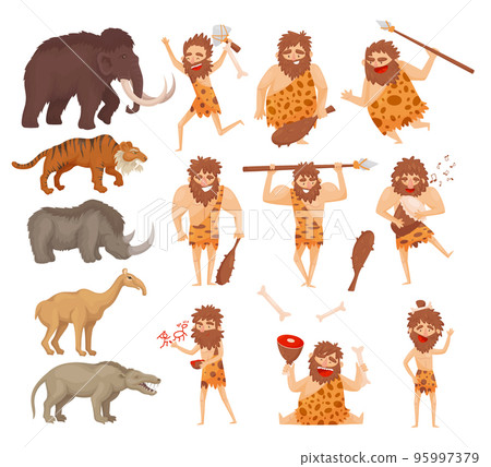 Primitive caveman characters with weapon and prehistoric animals set. Stone age warriors dressed animal skin and extinct animals cartoon vector illustration 95997379