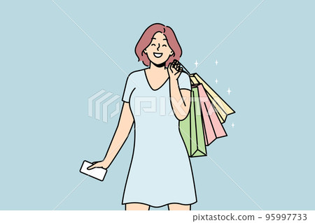 Smiling woman with bags excited with shopping Smiling woman with bags excited with shopping 95997733