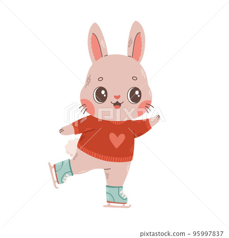 Cute bunny ice skating. Rabbit, hare character. Vector hand drawn illustration of winter recreation. Cute bunny ice skating. Rabbit, hare character. Vector hand drawn illustration of winter recreation. 95997837