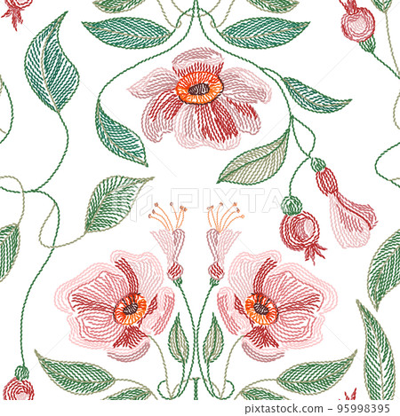 Embroidered flowers and leaves ornament on a dark background. 95998395