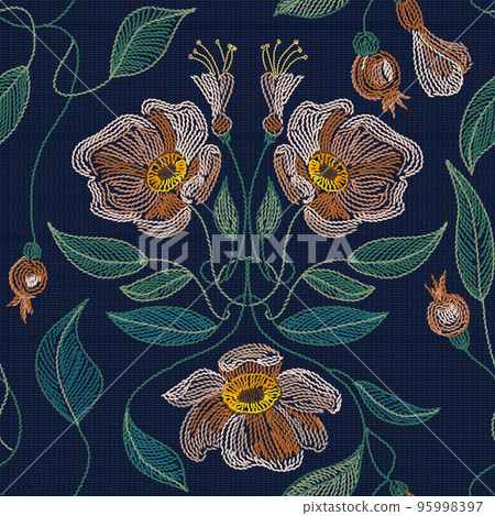 Embroidered flowers and leaves ornament on a dark background. Embroidered flowers and leaves ornament on a dark background. 95998397