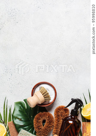 Zero waste eco friendly products and tools for house cleaning. Wooden brushes, coconut sponges, spray vinegar, soda, lemon and organic soap. 95998810