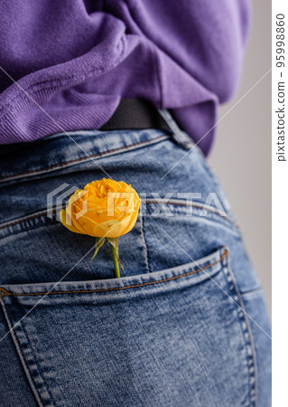 Yellow rose in the pocket of women's jeans. Spring concept 95998860