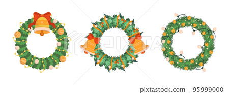Set of Christmas Tree Wreaths, Isolated Winter Decoration of Plants, Berries and Leaves, Toys, Fir Branches and Bows Set of Christmas Tree Wreaths, Isolated Winter Decoration of Plants, Berries and Leaves, Toys, Fir Branches and Bows 95999000