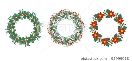Christmas Tree Wreaths Isolated Design Elements, Festive Winter Decoration of Plants, Fir or Pine Branches, Leaves Christmas Tree Wreaths Isolated Design Elements, Festive Winter Decoration of Plants, Fir or Pine Branches, Leaves 95999018