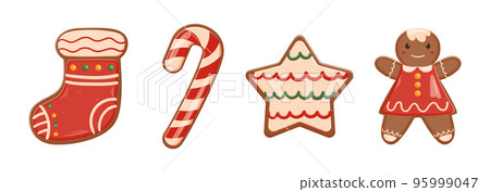 Set of Traditional Christmas Cookies Gingerbread Girl, Sock, Star and Candy Cane with Icing Isolated on White Background 95999047