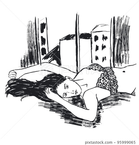 Hand drawn illsutration of Woman girl in bra lying on bed, sensual hair, lace lingerie, window apartment. Black white monocrome ink sketch illustration, minimalist drawing with simple brush strokes. 95999065