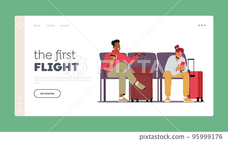Airport Landing Page Template. Young Woman and Man Characters Holding Smartphone and Coffee in Hands Waiting Departure Airport Landing Page Template. Young Woman and Man Characters Holding Smartphone and Coffee in Hands Waiting Departure 95999176