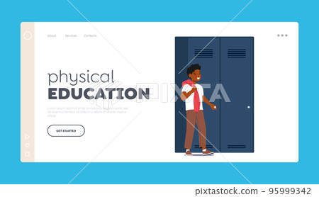 Physical Education Landing Page Template. Little Black Boy Stand near the Locker in School Sports Room or Corridor 95999342