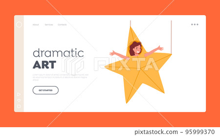 Dramatic Art Landing Page Template. Little Artist Girl Playing Role In Performance. Child In Theatrical Costume Of Star Dramatic Art Landing Page Template. Little Artist Girl Playing Role In Performance. Child In Theatrical Costume Of Star 95999370