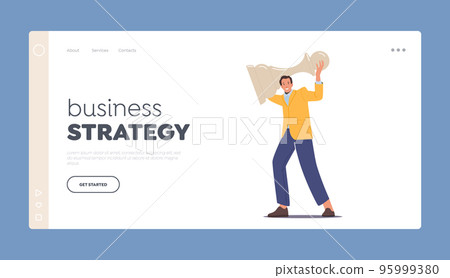Business Strategy Landing Page Template. Cheerful Man Holding White Pawn Chess Figure In Hands, Win, Success Checkmate 95999380