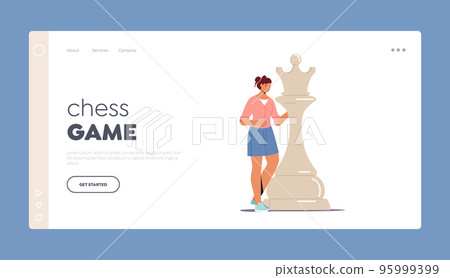 Chess Game Landing Page Template. Woman Character Play Chess, Female Character Stand At Huge Queen Or King Piece Chess Game Landing Page Template. Woman Character Play Chess, Female Character Stand At Huge Queen Or King Piece 95999399