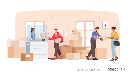 People In Post Office, Postal Service Concept. Send Parcels, Throw Letter In Mail Box, Characters In Department People In Post Office, Postal Service Concept. Send Parcels, Throw Letter In Mail Box, Characters In Department 95999454