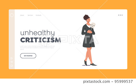 Unhealthy Criticism Landing Page Template. Woman Covering Face With Indifferent Mask Expressing Fake Emotion, Impostor 95999537