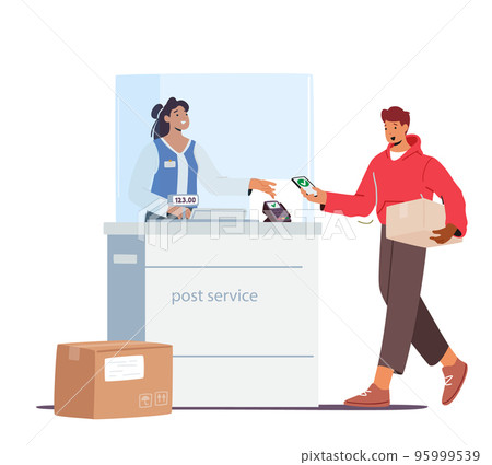 Man Visiting Post Office Concept. Male Character Holding Parcel In Hands Paying For Weigh Box On Scales On Reception 95999539