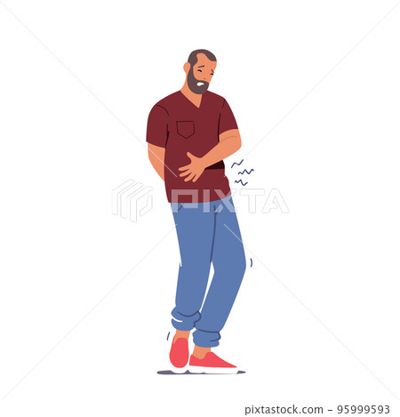 Male Character Desperation And Stress Due To Diarrhea, Bellyache And Stomach Pain. Man Stand At Toilet Door Want To Poo 95999593
