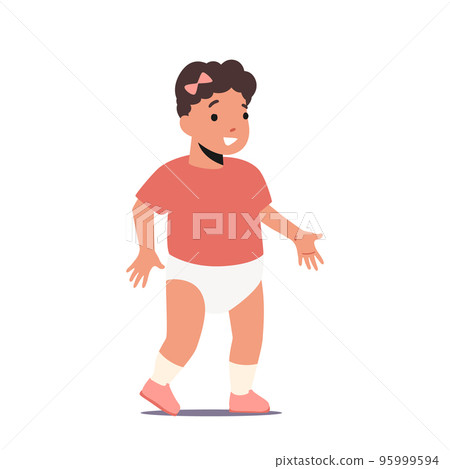 Little Baby Girl Learn to Walk, Isolated on White Background. Cute Cheerful Smiling Child Female Character, Toddler 95999594