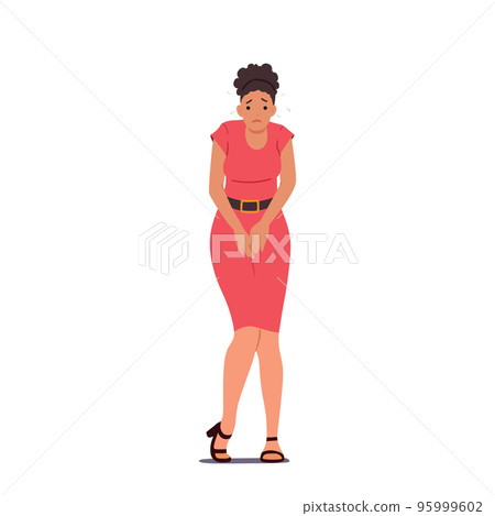 Girl Urgently Need To Pee Or Poop. Unhappy Female Character Wait Public Toilet Cubicle Get Free. Problem With Urination 95999602