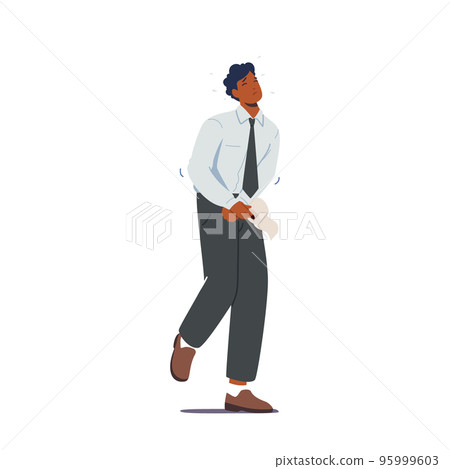 Man With Toilet Paper In Hands Stand At Closed Toilet Door Want To Poo Due To Diarrhea Isolated On White Background 95999603
