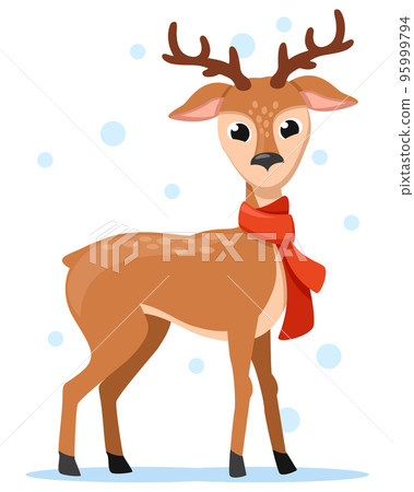 Deer in a scarf stands on a white background. Christmas character 95999794