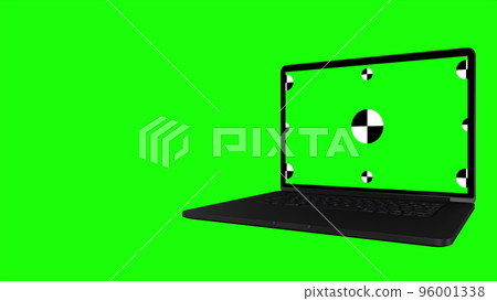Laptop opens smoothly with a green screen on a green background. 3d Pc with chroma key for mockup. Concept computer technological. 3D rendering. Laptop opens smoothly with a green screen on a green background. 3d Pc with chroma key for mockup. Concept computer technological. 3D rendering. 96001338