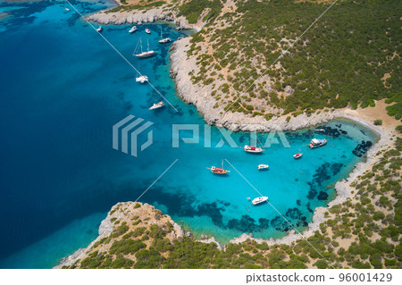 Aerial view of blue sea lagoon and yachts along the mediterranean coast. Landscape of turkish riviera nature 96001429