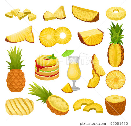 Pineapple set. Whole and sliced tropical fruit, juice and sandwich cartoon vector illustration 96001450