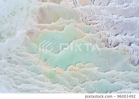 Turquoise water of thermal source in the white natural pools. Pamukkale travertine aerial landscape Turquoise water of thermal source in the white natural pools. Pamukkale travertine aerial landscape 96001492