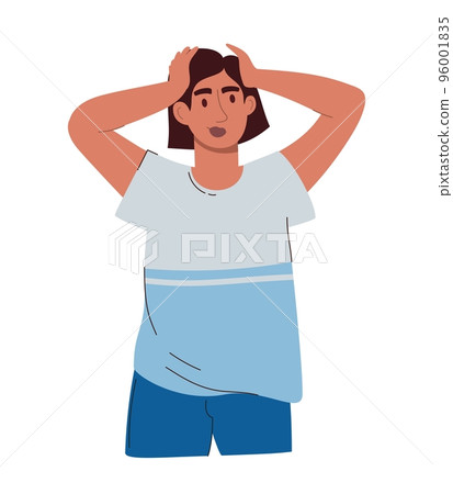 A young handsome man is holding his head in confusion. In a blue and white Tshirt and blue trousers. Vector illustration of a flat isolated white A young handsome man is holding his head in confusion. In a blue and white Tshirt and blue trousers. Vector illustration of a flat isolated white 96001835