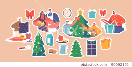Set of Stickers Young Couple Celebrate Christmas Holiday Packing Gifts, Cooking and Decorate Fir Tree, Happy Characters 96002161