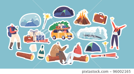 Set Stickers Couple Travel for Christmas Holidays, Male and Female Characters on Winter Vacation. Loving Man and Woman Set Stickers Couple Travel for Christmas Holidays, Male and Female Characters on Winter Vacation. Loving Man and Woman 96002165