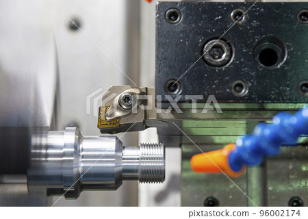 The CNC lathe machine thread cutting at the end of metal stud parts. The CNC lathe machine thread cutting at the end of metal stud parts. 96002174