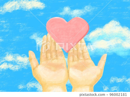 Background material with a pink heart floating from the hand against the blue sky Background material with a pink heart floating from the hand against the blue sky 96002181