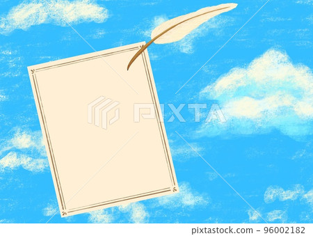 描繪信紙和羽毛筆的背景材料反對藍天 96002182