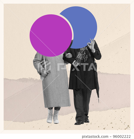 Contemporary art collage of retro couple going on pastel background with speech bubble, copy space. Concept of romance, proposal, love, relationship, creativity, imagination, inspiration, ad 96002222