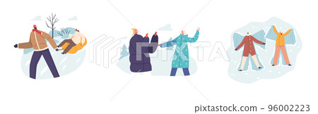 Winter Season Outdoors Leisure and Christmas Holiday Activities. Happy Young Couples Woman and Man Fun 96002223