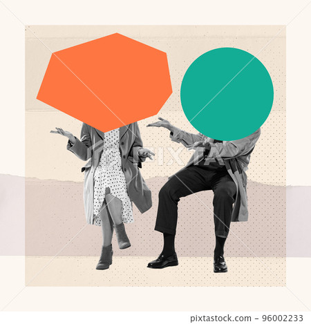 Contemporary art collage of retro couple on pastel background with speech bubble, copy space. Concept of romance, proposal, love, relationship, creativity, imagination, inspiration, ad 96002233