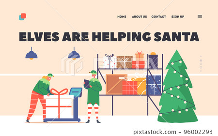 Santa Helpers Landing Page Template. Cute Playful Christmas Elves Boy and Girl in Green Costume and Stockings Santa Helpers Landing Page Template. Cute Playful Christmas Elves Boy and Girl in Green Costume and Stockings 96002293