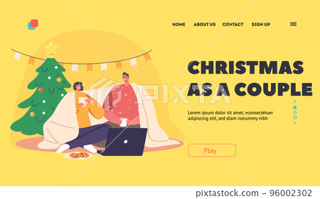 Couple Christmas Holidays Landing Page Template. Young Loving People Sitting on Floor Drink Tea, Watch Movie on Laptop 96002302