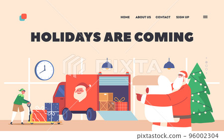 Holidays are Coming Landing Page Template. Santa Claus and Elf Helper Loading Gifts in Truck for Delivery to Kids Holidays are Coming Landing Page Template. Santa Claus and Elf Helper Loading Gifts in Truck for Delivery to Kids 96002304