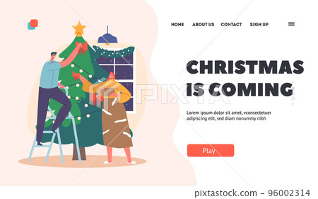 Christmas is Coming Landing Page Template. Couple Characters Preparing for New Year and Xmas Celebration, Illustration Christmas is Coming Landing Page Template. Couple Characters Preparing for New Year and Xmas Celebration, Illustration 96002314