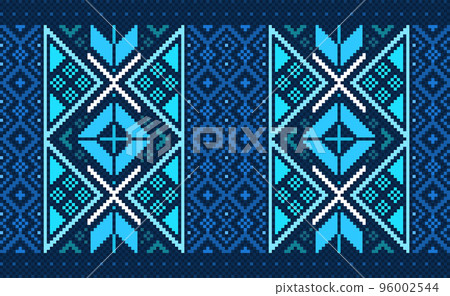 Embroidery ethnic pattern, Vector Geometric jacquard background, Cross stitch handcraft geometric style, Blue and white pattern zigzag repetitive, Design for textile, fabric, ceramic, curtain, sweater 96002544