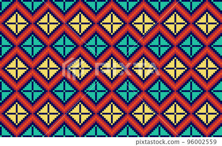 Pixel ethnic pattern, Vector embroidery ornament background, Geometric repetitive triangle style, Red and yellow pattern geometric continuous, Design for textile, fabric, art, tile, blankets Pixel ethnic pattern, Vector embroidery ornament background, Geometric repetitive triangle style, Red and yellow pattern geometric continuous, Design for textile, fabric, art, tile, blankets 96002559