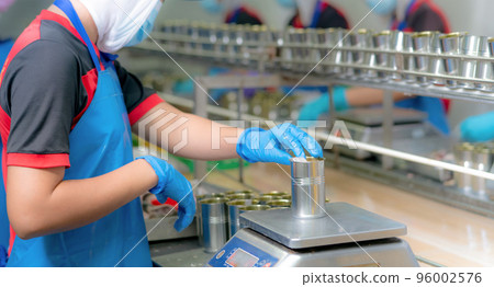 Worker working in canned food factory. Food industry. Canned fish factory. Workers weighing sardines in cans on a weight scale. Worker in food processing production line. Food manufacturing industry. 96002576