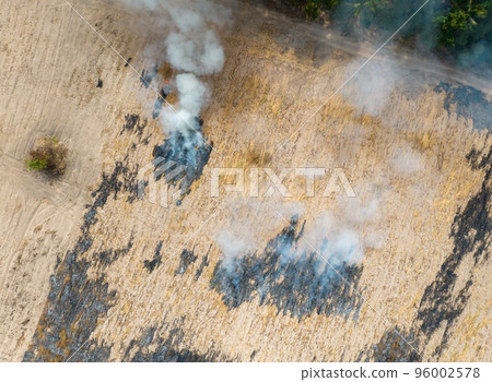 Aerial view of agriculture farm with smoke from crop fire burning releases carbon dioxide. Greenhouse gas. Farmers burn crop residues after harvest to prepare land. Air pollution. Environmental issue. 96002578