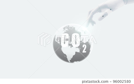 CO2 capture concept. Robot hand touch carbon dioxide on globe map. Carbon capture technology. Greenhouse gas. Artificial intelligence technology help reduce CO2. AI and environmental protection. 96002580