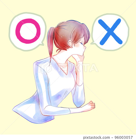 Circles and crosses, woman resting her chin on her hand, thinking Circles and crosses, woman resting her chin on her hand, thinking 96003057