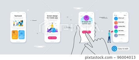 Set of Discount, Report and Anti-dandruff flakes line icons. Phone ui interface. Include Bitcoin coin, Balance, Blood icons. Puzzle, Chat, Inspect web elements. For web, application. Vector 96004013
