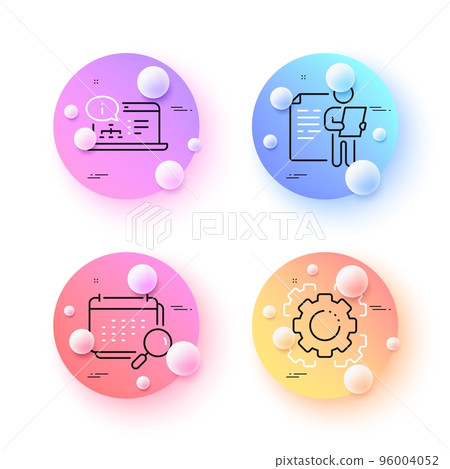 Seo gear, Job interview and Calendar minimal line icons. 3d spheres or balls buttons. Online documentation icons. For web, application, printing. Cogwheel, Cv file, Search appointment. Vector Seo gear, Job interview and Calendar minimal line icons. 3d spheres or balls buttons. Online documentation icons. For web, application, printing. Cogwheel, Cv file, Search appointment. Vector 96004052