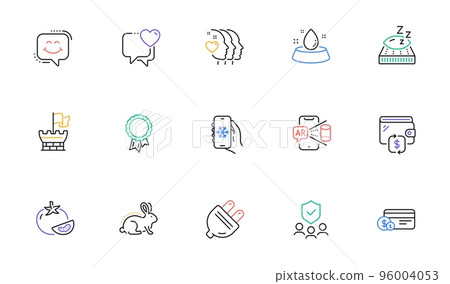 Heart, Mattress and Payment method line icons for website, printing. Collection of Success, Water bowl, Tomato icons. Smile chat, Wallet, Animal tested web elements. Air conditioning. Vector Heart, Mattress and Payment method line icons for website, printing. Collection of Success, Water bowl, Tomato icons. Smile chat, Wallet, Animal tested web elements. Air conditioning. Vector 96004053